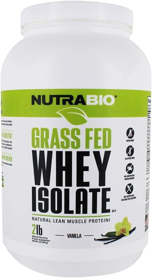 NutraBio Grass Fed Whey Isolate Protein Powder - 25G of Protein Per Scoop - Sugar Free Natural Lean Muscle Protein Supplement - Vanilla - 2 Pounds, 29 Servings
