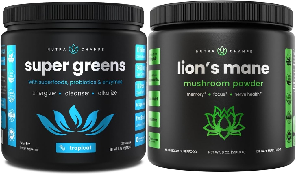 NutraChamps Super Greens Tropical & Lion's Mane Powder. Greens & Adaptogen Powder Blends