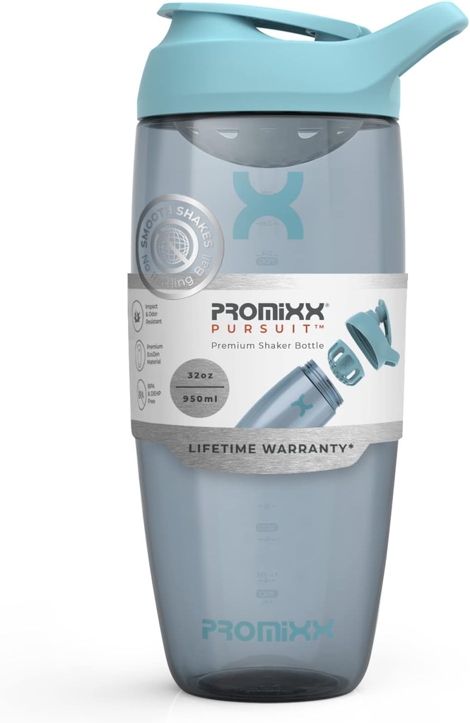 Promixx Pursuit Protein Shaker Bottle (32 oz) – Silent No-Ball Mixer, Leak-Proof Lid, BPA/BPS & Phthalate-Free ECOZEN – Easy-Clean Shaker Cup for Protein Shakes, Pre & Post-Workout Smoothies