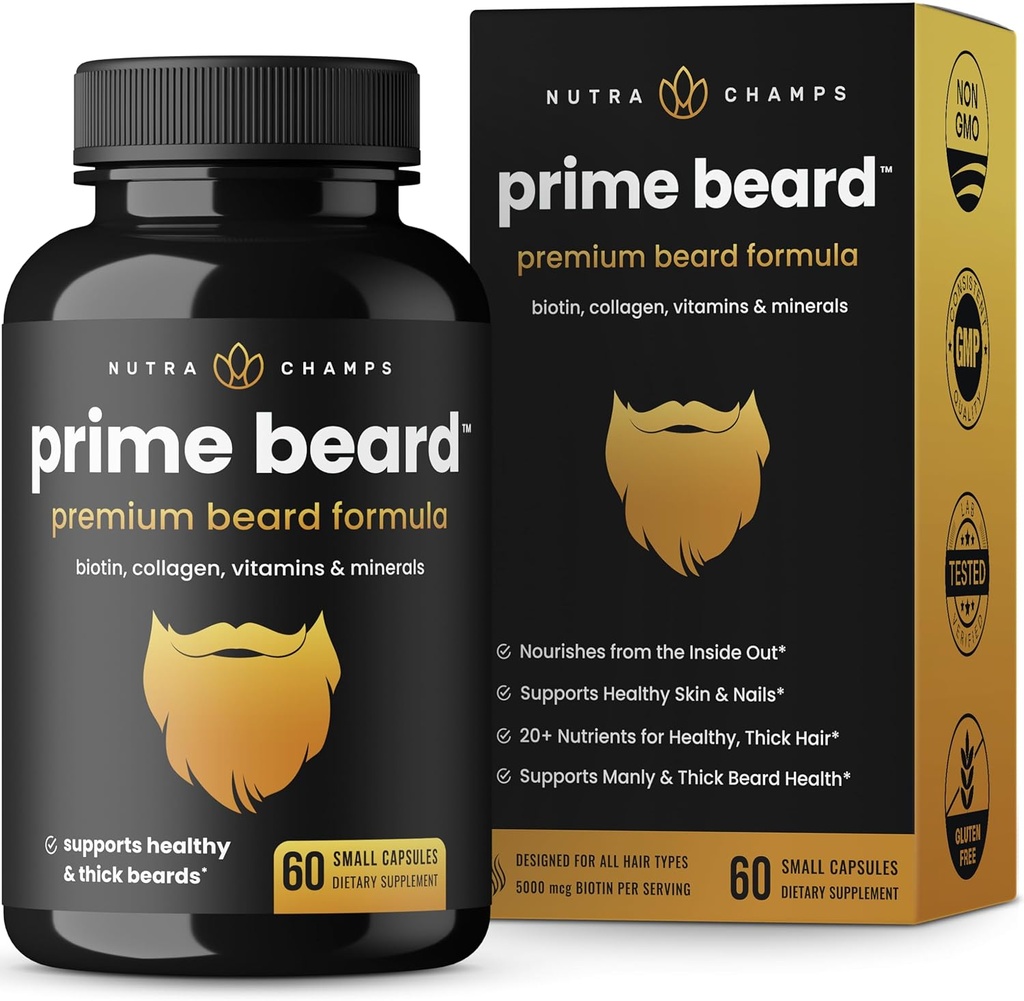 NutraChamps Prime Beard Vitamins | Manly, Thick, Fast & Healthy Facial Hair for Men | Beard Vitamins with Biotin, Collagen & Saw Palmetto | Beard Pills for All Hair & Beard Types