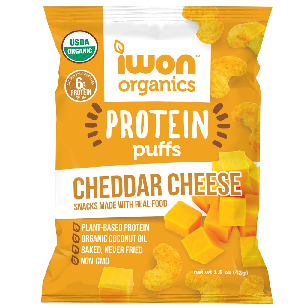 IWON Organics Cheddar Cheese Flavor Protein Puff, High Protein and Organic Healthy Snacks, 8 Bags
