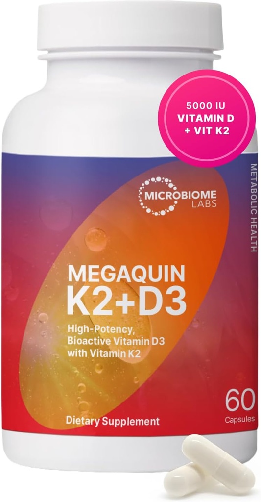Microbiome Labs MegaQuin D3 + K2 - High Potency Vitamin D3 K2 Supplement - Bioactive & Bioavailable - Vitamin D3 5000 iu & MK-7 - Support Bone, Heart, Nerve & Immune Health (60 Capsules)