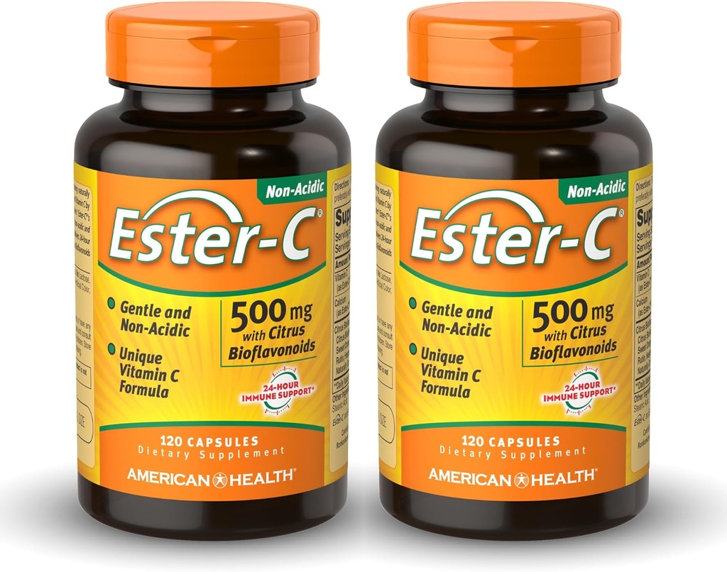 American Health Ester-C 500 mg with Citrus Bioflavonoids - 120 Capsules (Pack of 2) - 24-Hour Immune Support - Non-GMO, Gluten Free - 120 Total Servings