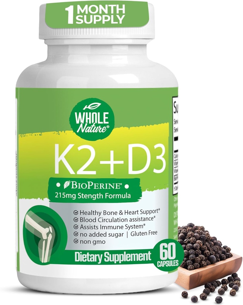 K2 D3 Vitamin Supplement with BioPerine - Vegan Calcium with Vitamins K and D - Advanced D3K2 VIT 5000 IU - 60 Vegan D3 Plus K2 MK-7 Complex Nutritional Capsules for Heart & Bone Health (1