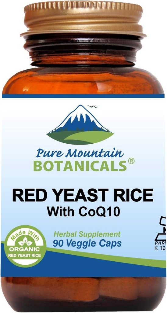 Pure Mountain Botanicals Red Yeast Rice with CoQ10 90 Kosher Vegan Capsules Now with 600mg Organic Red Rice Yeast Plus Co Q 10