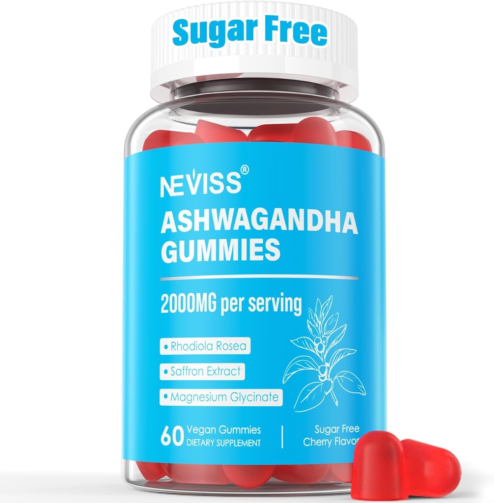 Sugar Free Ashwagandha Gummies - with Magnesium Glycinate, Rhodiola Rosea, Zinc, Lemon Balm, B6 - Relaxation Support, Natural Zzz, Stamina, Energy for Men Women - 60 Counts