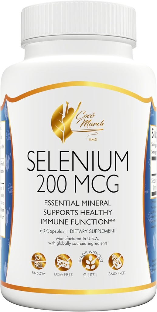 Cocó March N.M.D Selenium - Essential Mineral for Thyroid Health -200 mcg- 3 Month Supply -Gluten Free, Soy Free, Dairy Free, GMO Free, Vegan - 60 Capsules