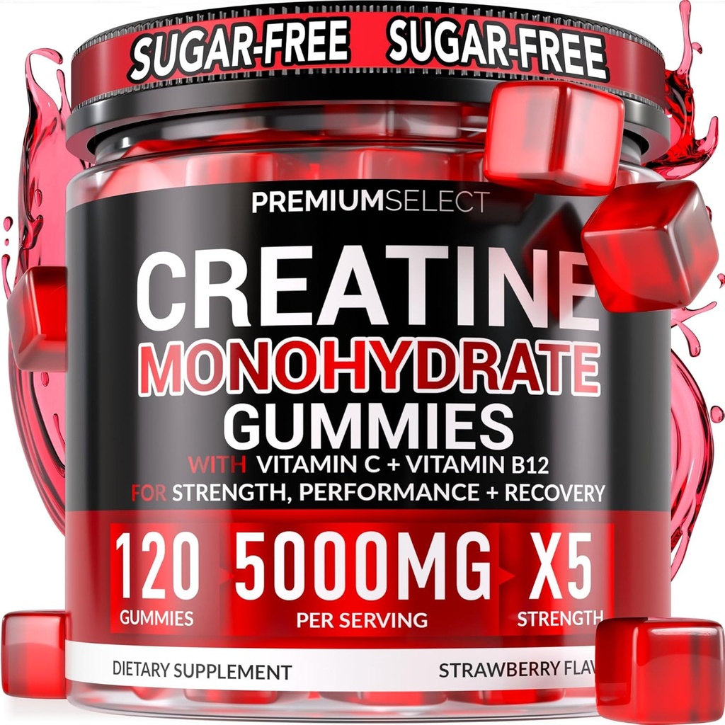 Sugar Free Creatine Monohydrate Gummies 5g Per Serving - 120 Monohydrate Creatine Gummies Advanced Complex with Vitamin C + Vitamin B12 for Muscle Strength, Energy Boost, Pre-Workout Gummy