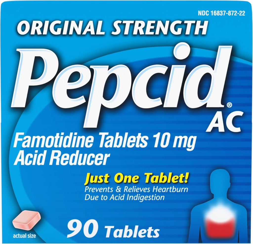 Pepcid AC Original Strength Heartburn Relief Tablets, OTC Medicine Prevents & Relieves Heartburn & Acid Reflux Due to Acid Indigestion, 10mg Famotidine Acid Reducer, Fast-Acting, 90 ct