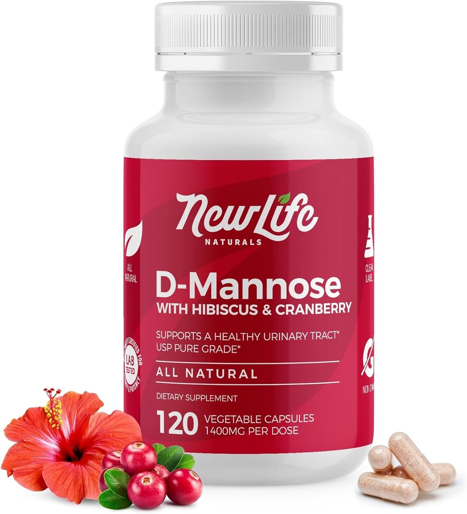 NewLife Naturals D-Mannose Capsules | w/Cranberry and Hibiscus Extracts | Natural Urinary Tract Health Supplement | 1400mg Pure Veggie Powder | 120 Veggie Capsules