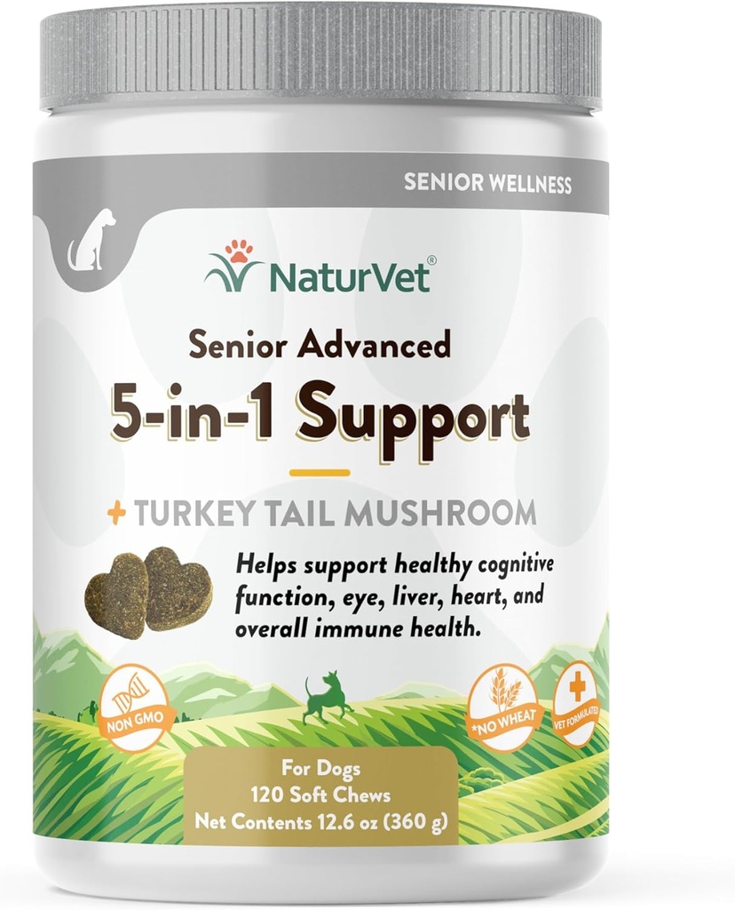 NaturVet Senior Advanced 5-in-1 Support Dog Supplement – Helps Support Immune System, Heart, Liver, Cognitive Function, Eye Health – Includes Ginkgo Biloba, Lutein – 120 Ct.