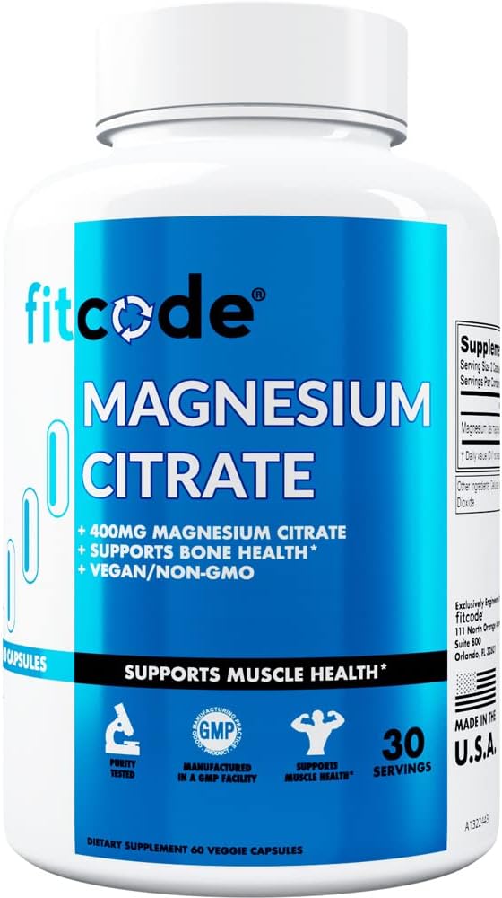 Fitcode Magnesium Citrate Capsules 400mg - Muscle and Bone Health Magnesium Supplement with Pure Magnesium Citrate for Muscle Relaxation & Bone Strength - 60 Veggie Magnesium Capsules for Heart Health