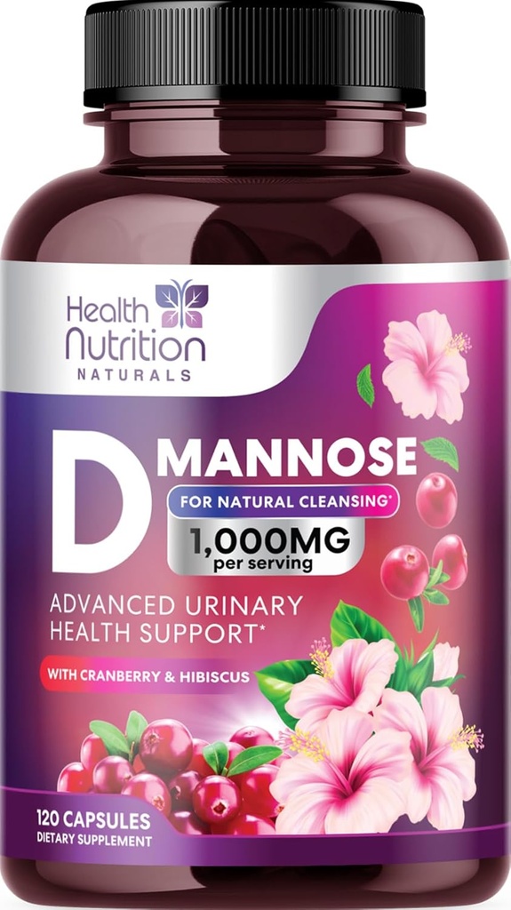 D-Mannose Supplement 1,350mg - with Cranberry, Hibiscus & Dandelion - Fast-Acting, Natural Urinary Tract & Bladder Support for Women & Men – Flush & Cleanse Impurities – Non-GMO, Vegan – 120 Capsules