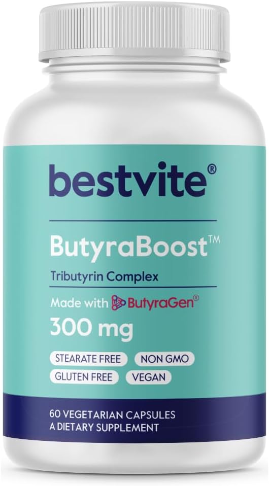 BESTVITE ButyraBoost 300mg Tributyrin Complex (60 Vegetarian Capsules) - No Stearates - Vegan - Non GMO - Gluten Free - Butyrate Gut Health Supplement