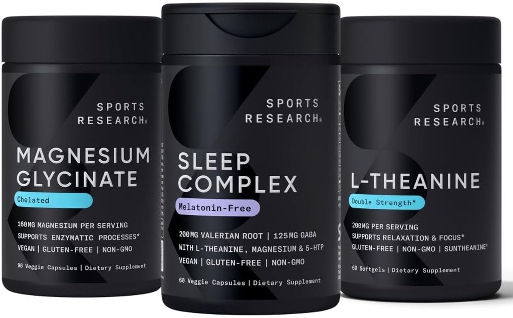 Sports Research Double Strength L-Theanine Supplement Softgels for Focus & Relaxation, Magnesium Glycinate for Restful Sleep & Enzymatic Processes + Sleep Complex Melatonin-Free Vegan Capsules