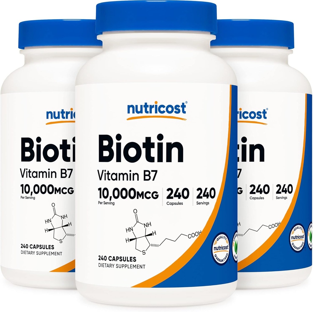Nutricost Biotin (Vitamin B7) 10,000mcg, 240 Caps (3 Bottles) - Non-GMO, Gluten Free