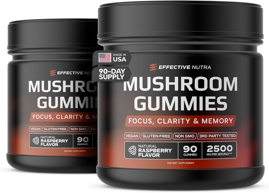 EFFECTIVE NUTRA Mushroom Gummies 2500mg | 10 Blend w/Lions Mane, Reishi, Chaga, Cordyceps & More | Focus, Memory, Immunity, Energy | Natural Berry Flavor Supplement | Vegan, Made in USA (2-Pack)