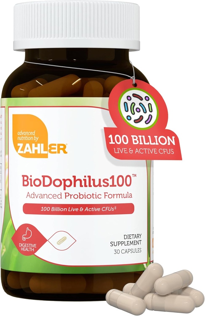Zahler BioDophilus100-100 Billion Probiotic - 100 Billion CFU 11-Strain Gut Health Probiotic Supplement - Prebiotics/Probiotics for Digestive Health, Probiotics for Women and Men. (30 Ct)
