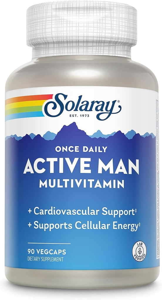 SOLARAY Once Daily Active Man Multivitamin - Cellular Energy and Immune Support Supplement w/Vitamin D, Vitamin C, B12, B6, Zinc, Lutein, Digestive Enzymes, Whole Foods, 60-Day Guarantee, 90 Servings