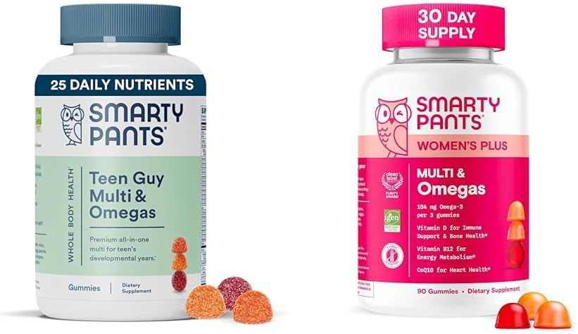 SmartyPants Women's and Teen Guy Multivitamin Gummies Bundle: Omega 3 (DHA/EPA), Methylfolate, CoQ10, Vitamin D3, C, Vitamin B12, B6, Vitamin A, K & Zinc, Gluten Free (30 Day Supply)