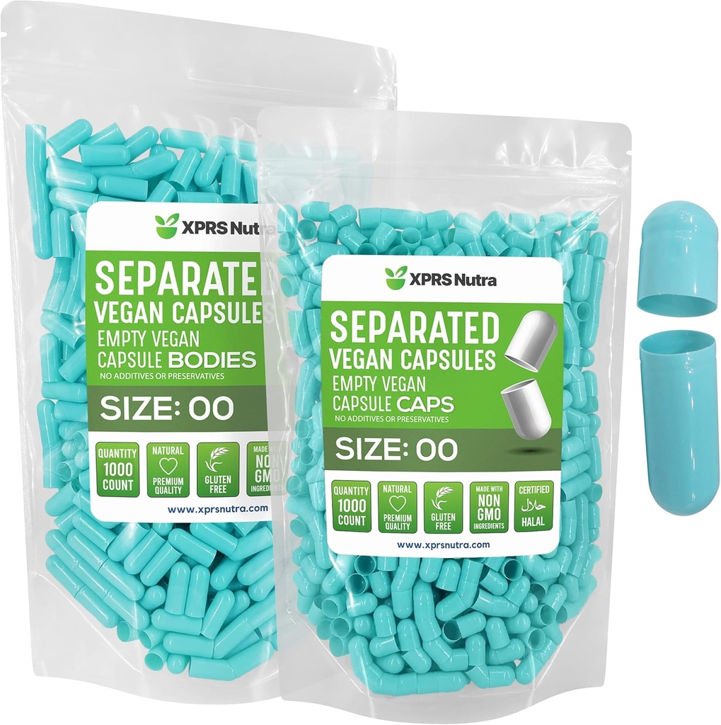 XPRS Nutra Vegan Size 00 Separated Capsules - 1000 Count Premium Empty Capsules Separated in Bags - 00 Pills Empty for DIY Supplement Filling (Aqua)