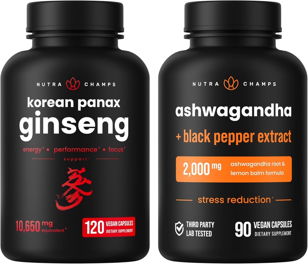 NutraChamps Korean Ginseng Capsules and Ashwagandha Capsules 2 Pack Bundle