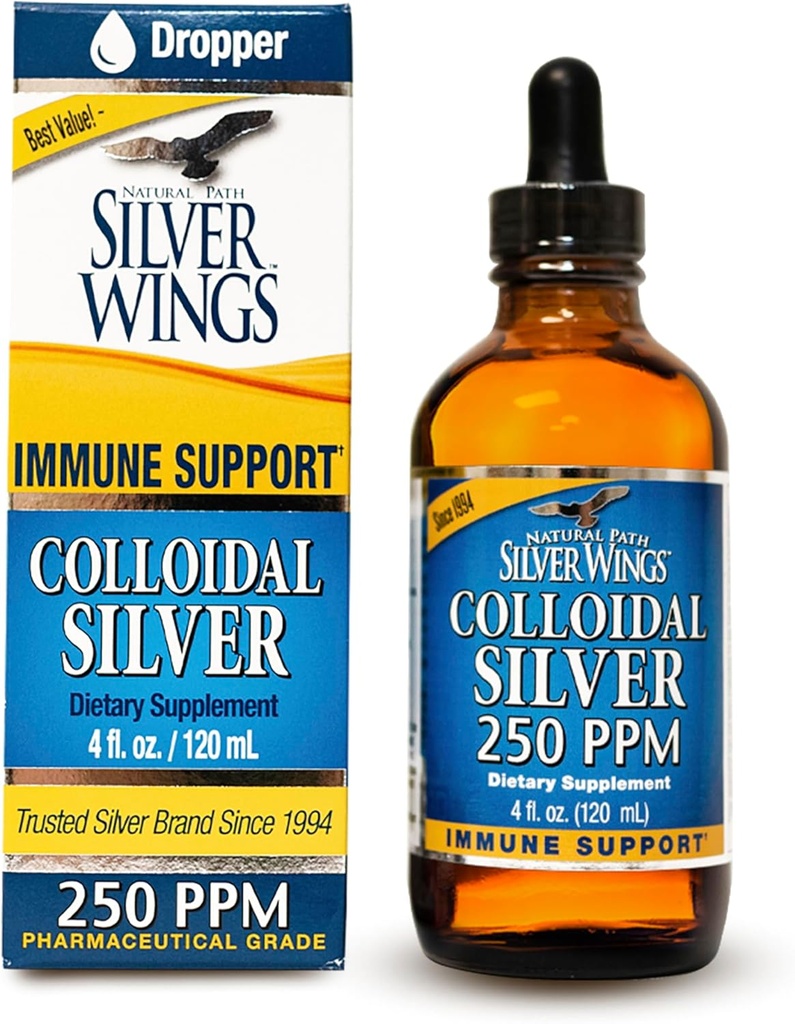 Natural Path Silver Wings Colloidal Silver Liquid - Enhanced Immune Support Supplement - 250ppm (1250mcg) - 4oz Dropper