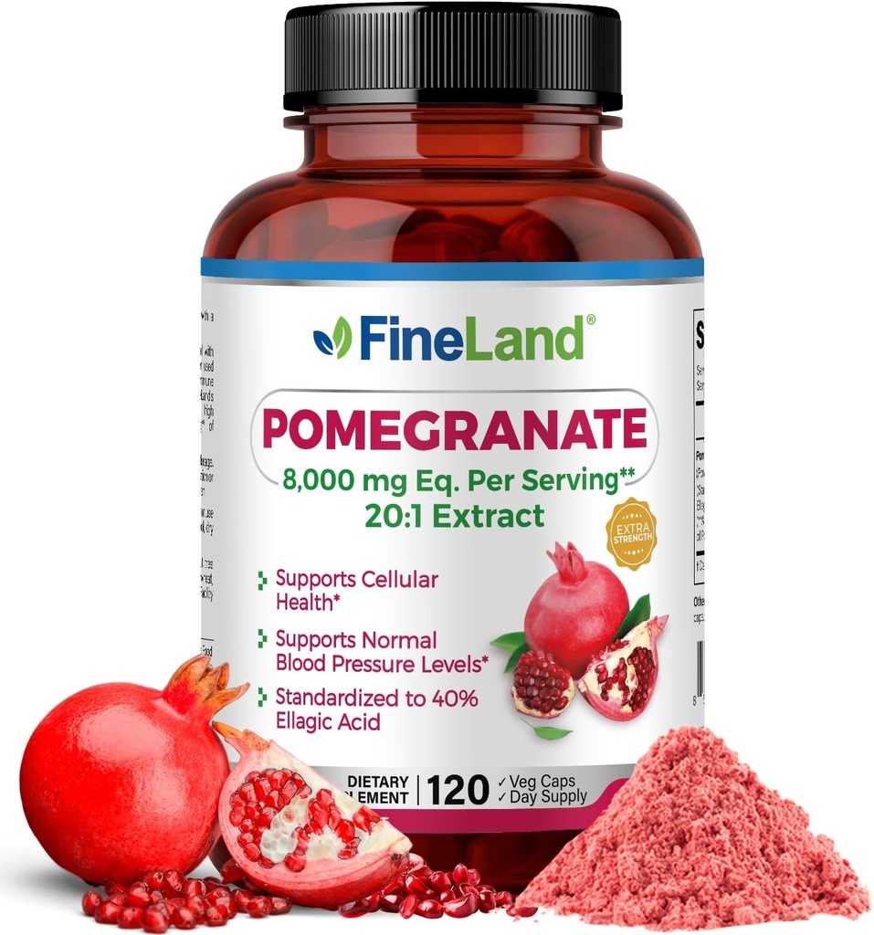 FineLand Pomegranate Extract 20:1, 8,000 mg Equivalent per Serving, 40% Ellagic Acid Standardized, Antioxidant Supplement for Cellular & DNA Health, 120 Veg Capsules, 4-Month Supply