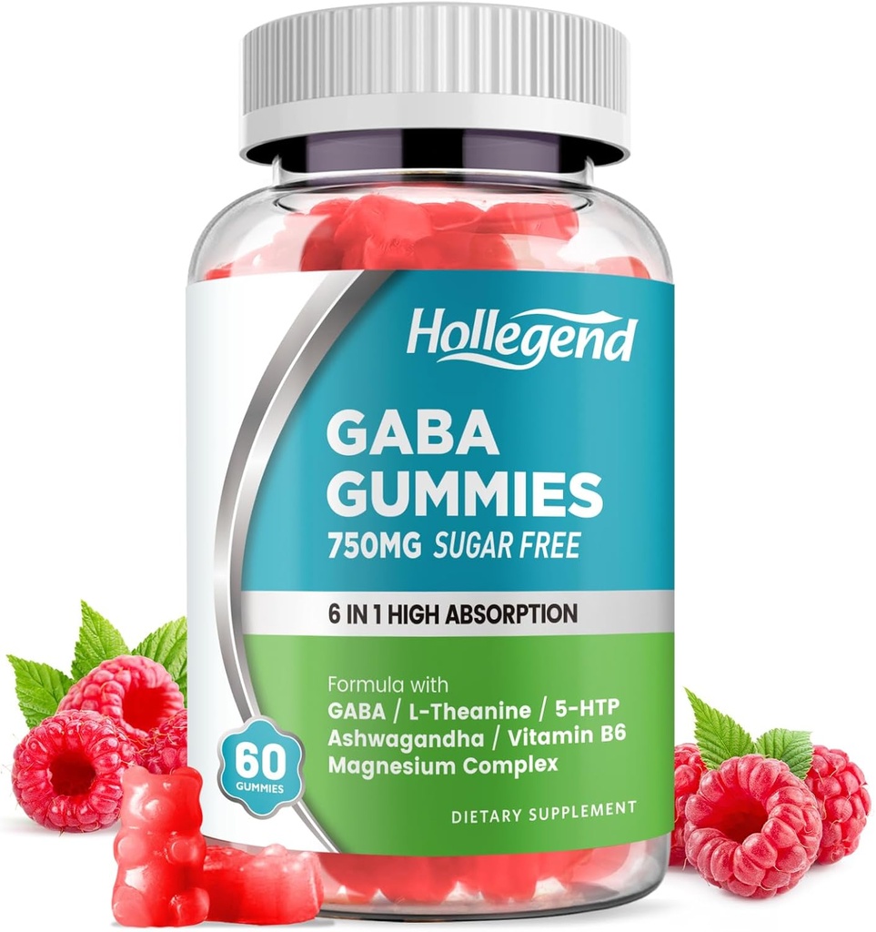 GABA Gummies, Sugar-Free Stress Relief Gummies for Adults, High-Potency GABA L-theanine Supplement with Magnesium, Ashwagandha, 5-HTP & Vitamin B6 for Zzz & Brain Health, Vegan, 60