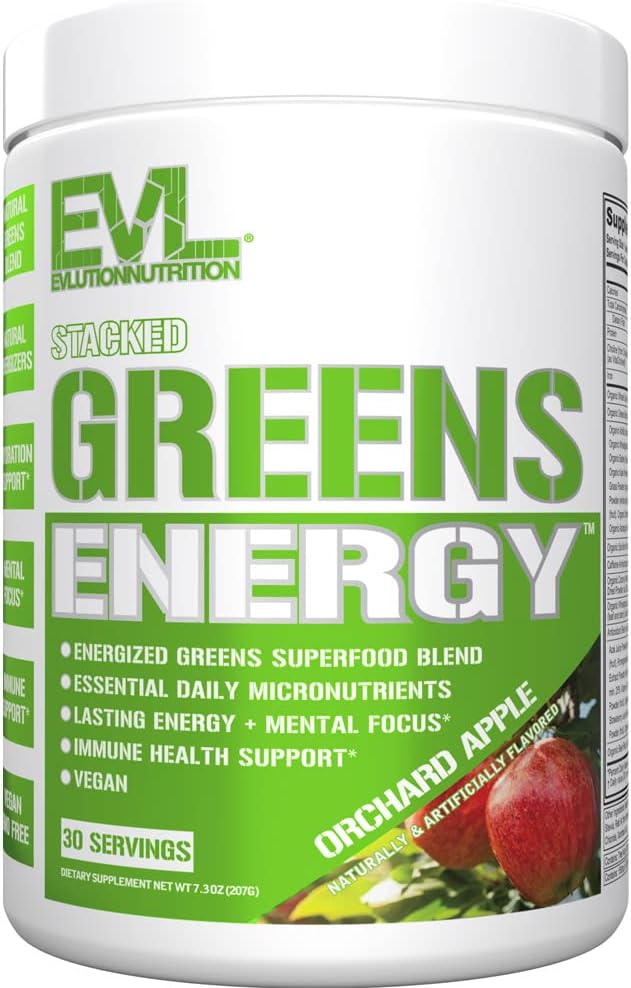 Greens and Superfoods Energy Drink Powder - EVL Super Greens Powder Smoothie Mix with Caffeine Spirulina Chlorella and Wheat Grass - Vegan - for Energy Focus and Immunity