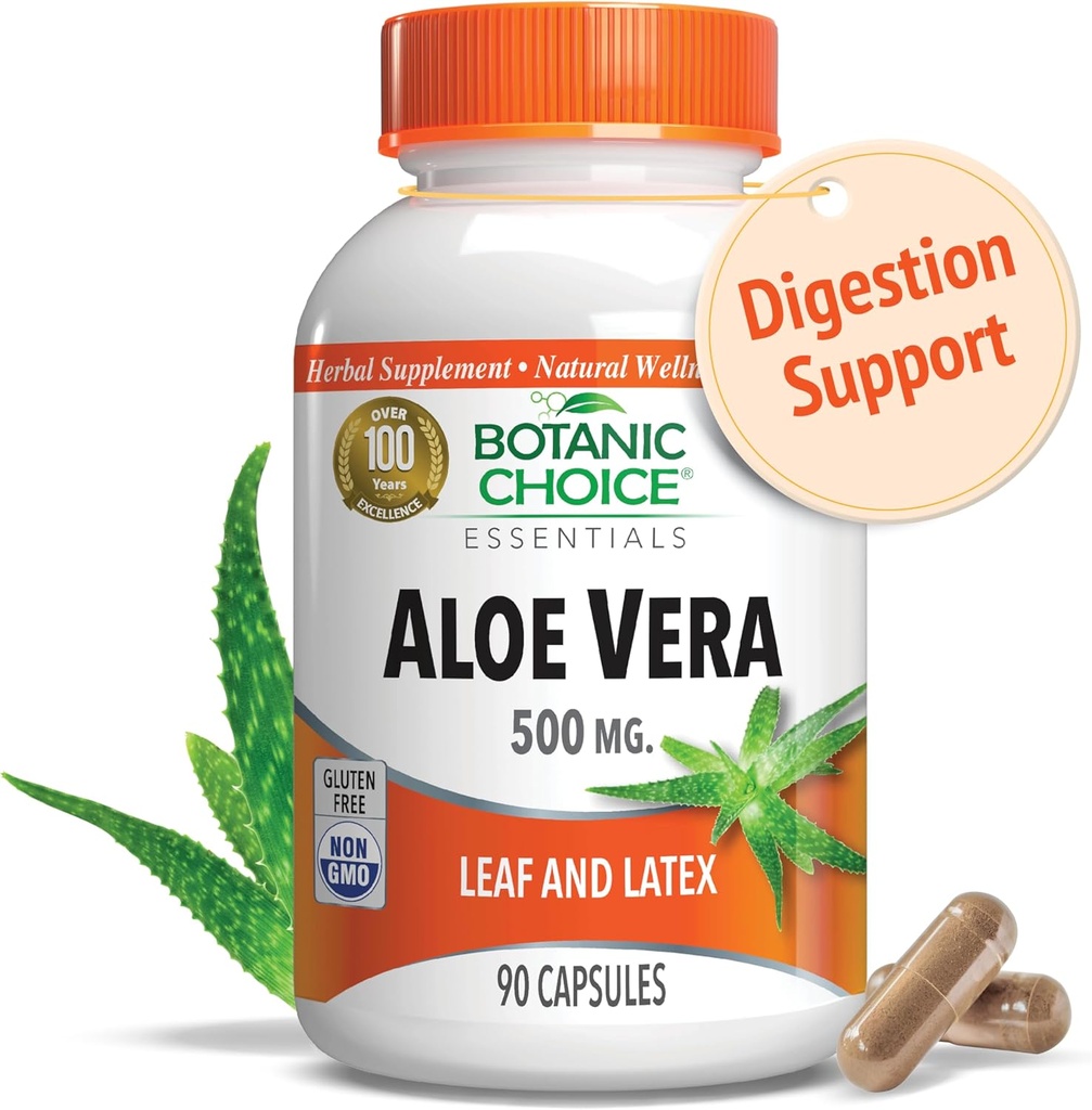 Aloe Vera- Leaf and Latex, Digestive, Liver, Stomach health-Contains Amino Acids, Vitamins, Minerals, Enzymes- 500mg-Gluten Free, Non-GMO-90 capsules