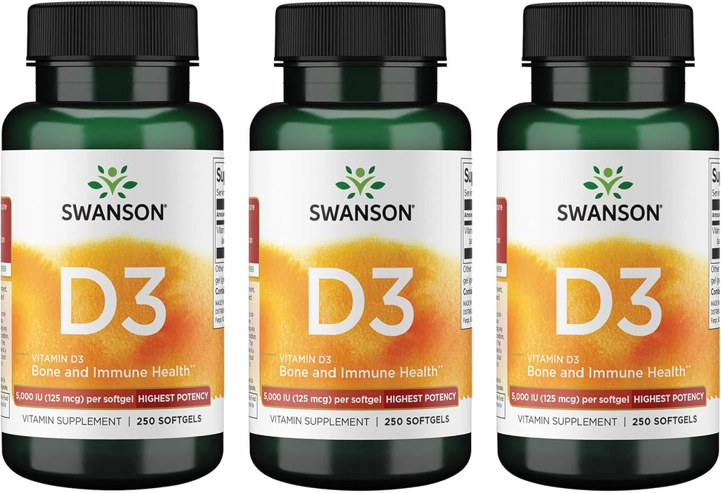 Swanson Vitamin D3 - Vitamin Supplement Promoting Bone Health & Immune System Support - Natural Support for Calcium Distribution & Absorption - (250 Softgels) 3 Pack