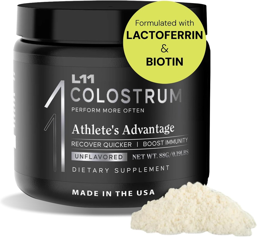 Colostrum Supplement by L11 with Lactoferrin Biotin Zinc & Vitamin D | Bovine Colostrum Powder for Peak Athletic Health, Gut Health, Muscle & Immune Support | 1500mg Colostrum - Unflavored 30 Servings