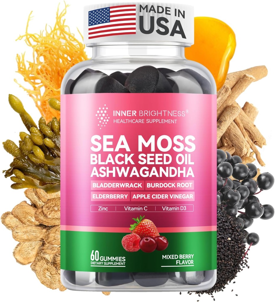 Sea Moss 4000mg Gummies with Ashwagandha, Elderberry, Apple Cider Vinegar, Bladderwrack, Burdock Root – Immune Support – Mixed Berry Flavor – 60 Count