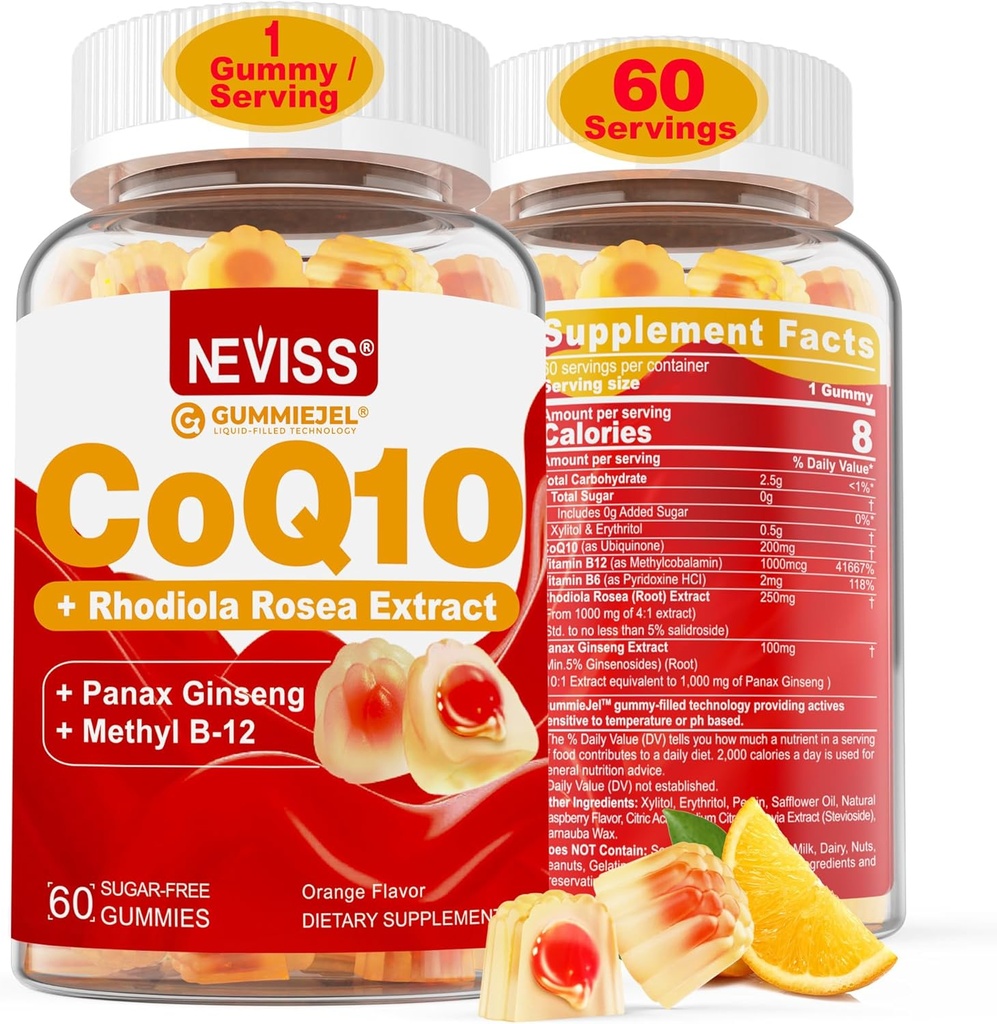 Sugar Free CoQ10-200mg 400mg Filled Gummies - 2 Months Supply - w/ Vitamin B12 1000mcg, Rhodiola Rosea & Panax Ginseng, B6, Coenzyme Q10 Supplement for Hear-t, Energy, Antioxidant, Ultra Absorption