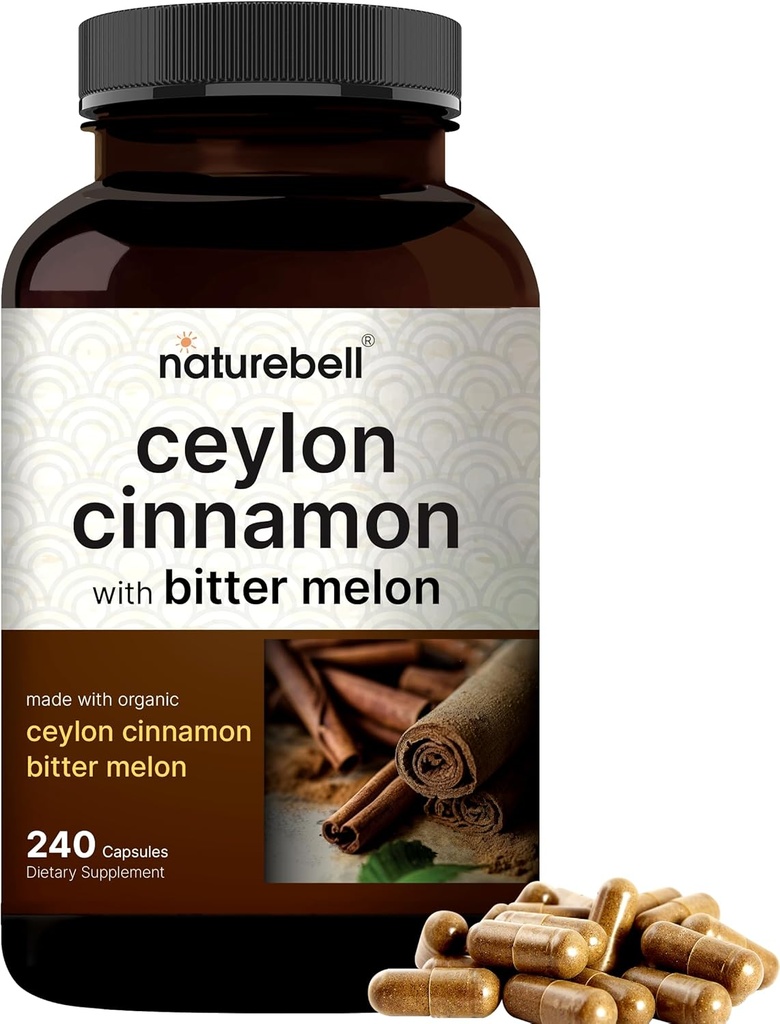 NatureBell Ceylon Cinnamon Per Serving, 240 Capsules | Made with Organic Sri Lanka Ceylon Cinnamon and Organic Bitter Melon, 2 in 1 Support – Non-GMO, No Gluten