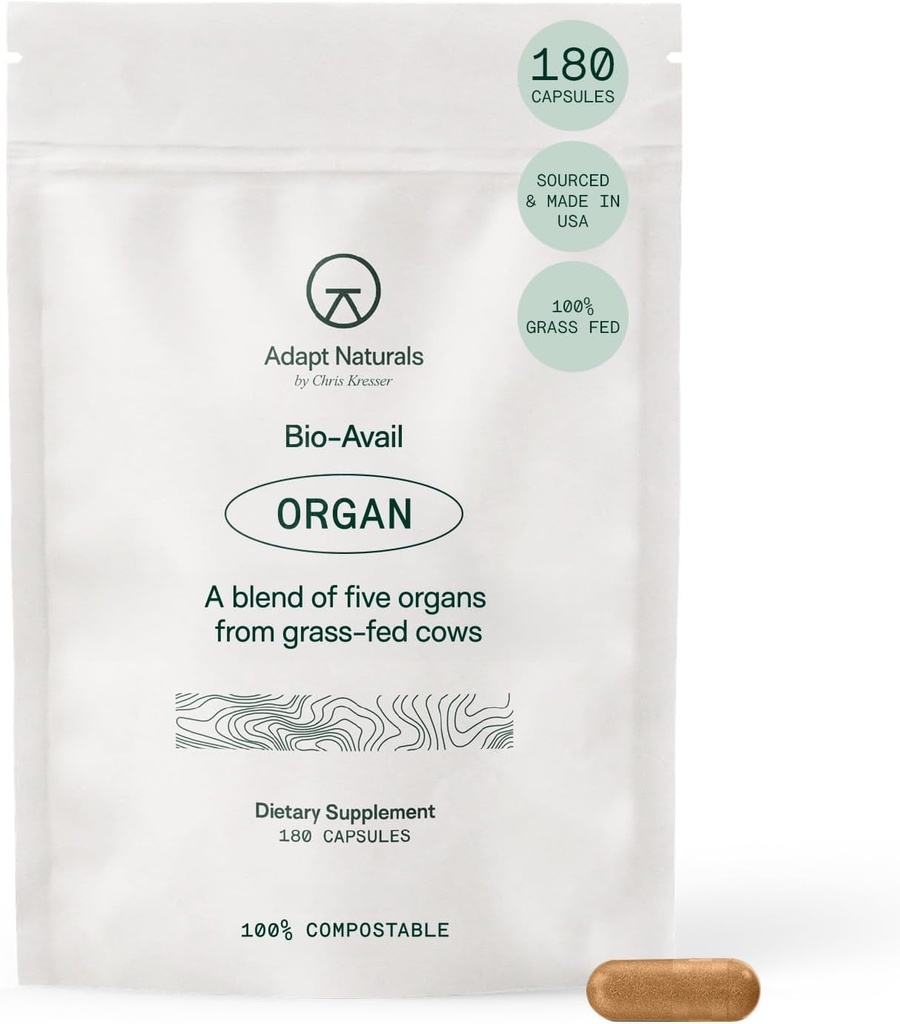 Adapt Naturals Organ Supplement, Bioavailable Grass Fed Beef Liver Capsules, Blend of Liver, Heart, Kidney, Pancreas & Spleen, Support Liver Cleanse Detox & Repair | Source of CoQ10-30 Days Supply