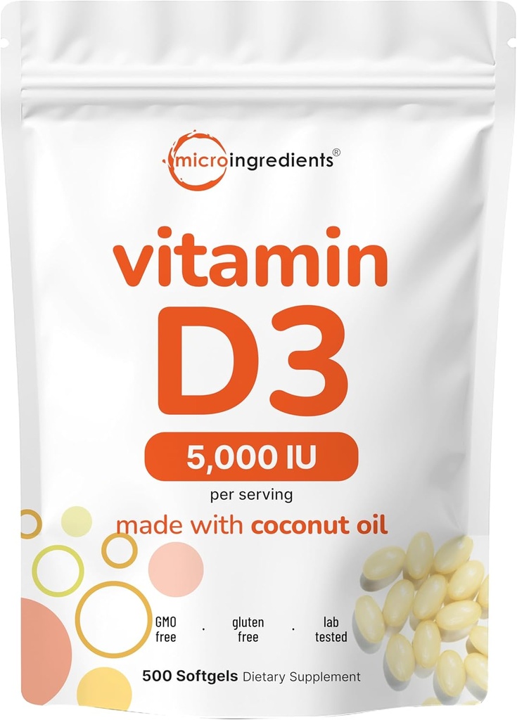 Micro Ingredients Vitamin D3 5,000 IU, 500 Softgels | Virgin Coconut Oil | Cholecalciferol Form | Bone, Immune & Heart Support | Easy to Swallow, Non-GMO