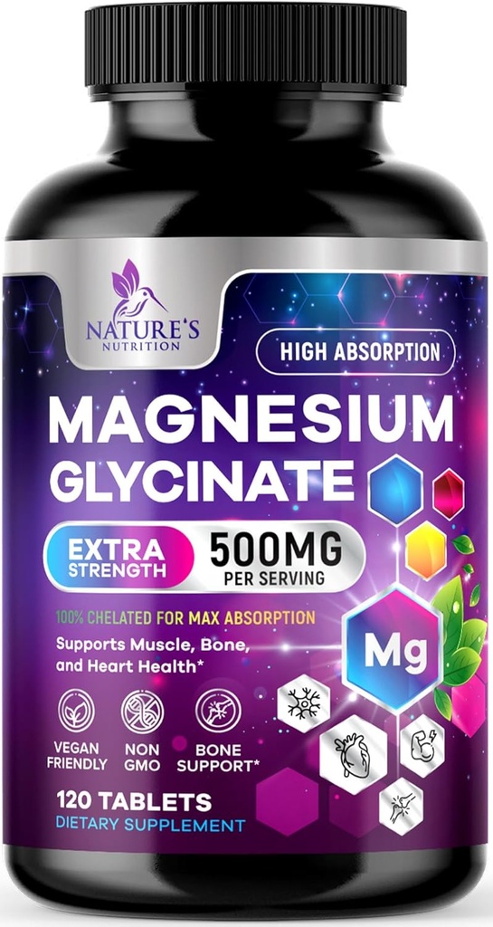 Magnesium Glycinate 500mg - Chelated for Ultra Absorption - Supports Bone, Muscle, Nerves & Heart Health, Nature's Sleep Support, Best Magnesium Supplement Pills for Whole Body Support - 120 Tablets