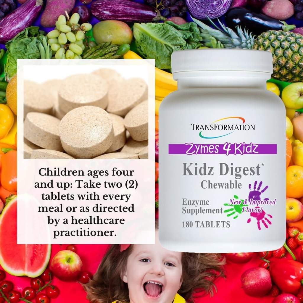 TRANSFORMATION THE GENESIS OF GOOD HEALTH Enzymes Kidz Digestive Enzyme Supplement Chewable, Promote Healthy & Complete Digestion & Elimination, 180 Tablets