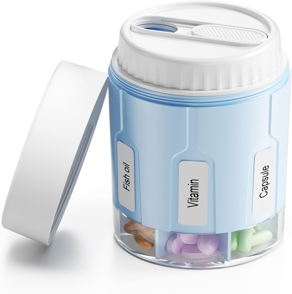 Daviky Pill Bottle Organizer, Supplement Organizer with 7 Large Compartments, Travel Pill Dispenser Round Pill Box with Two Lids（Blue）