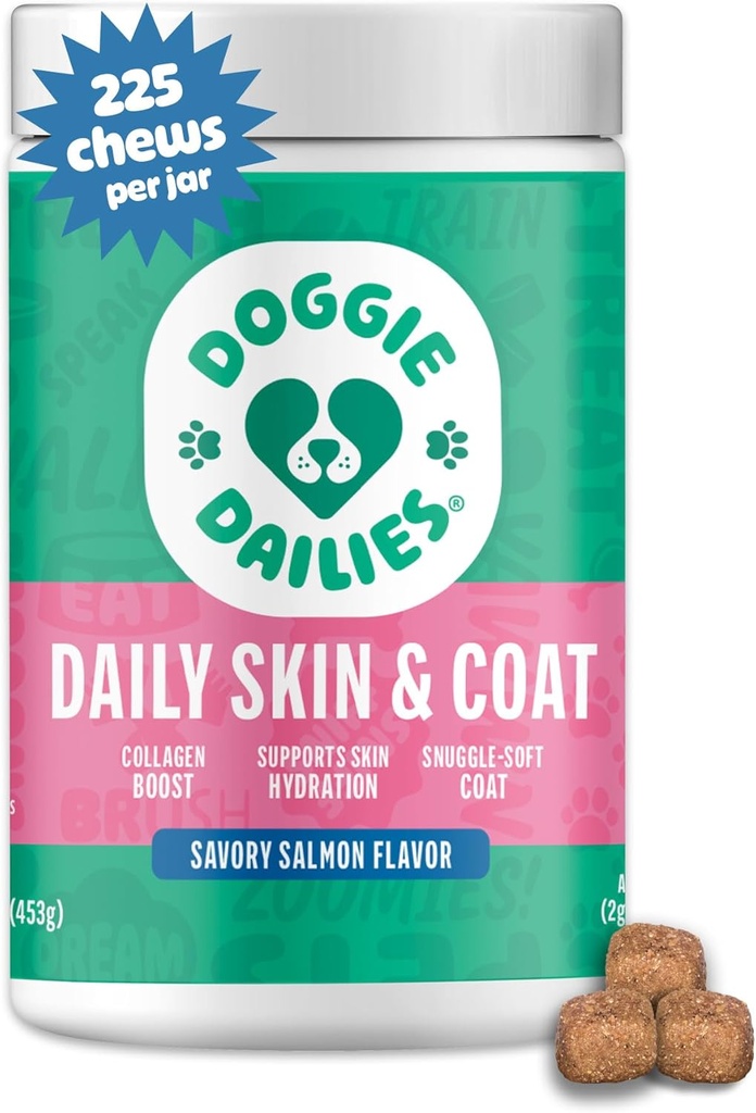 Doggie Dailies Skin & Coat Supplement Support, Salmon Oil for Dogs Skin and Coat with Collagen, Omega 3, Krill Oil, Biotin, & Coconut Oil for Dogs (Salmon) 225 Soft Chews