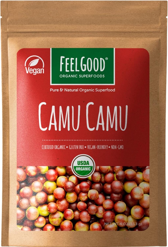 Feelgood Superfoods Organic Camu Camu Powder, Vegan, Non-GMO, Gluten Free Berry Powder with Vitamin C and Antioxidants for Immune Support, 4 oz