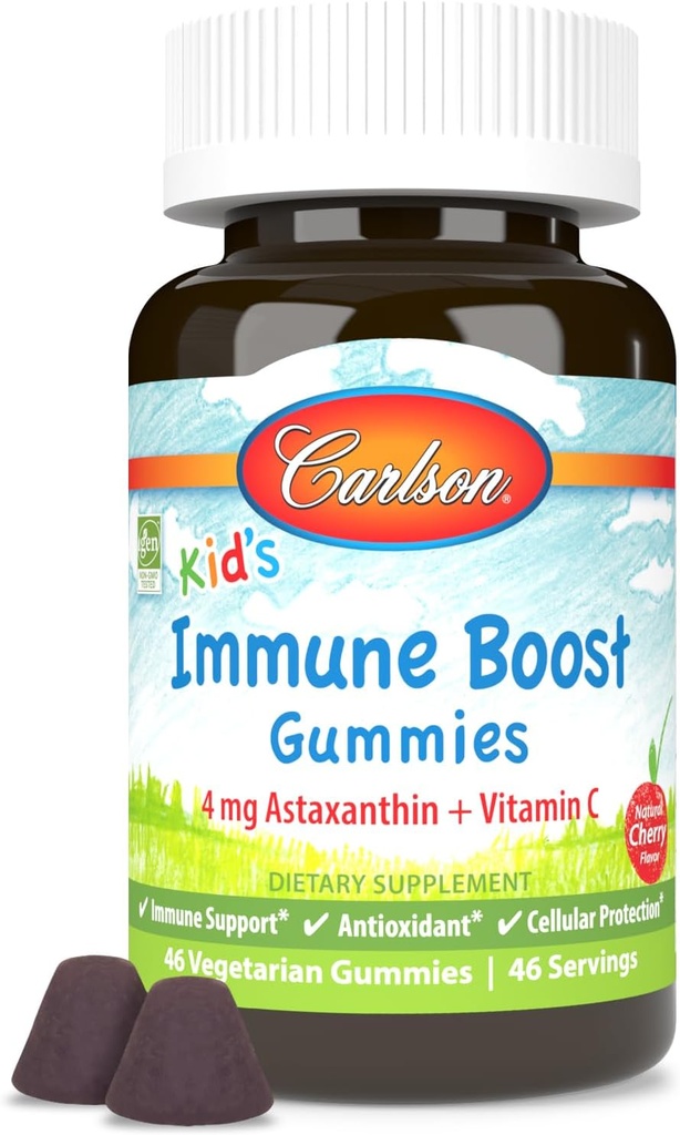 Carlson - Kid's Immune Boost Gummies, Astaxanthin + Vitamin C, Immune Support, Antioxidant, Non-GMO, Cherry Flavor, 46 Vegetarian Gummies