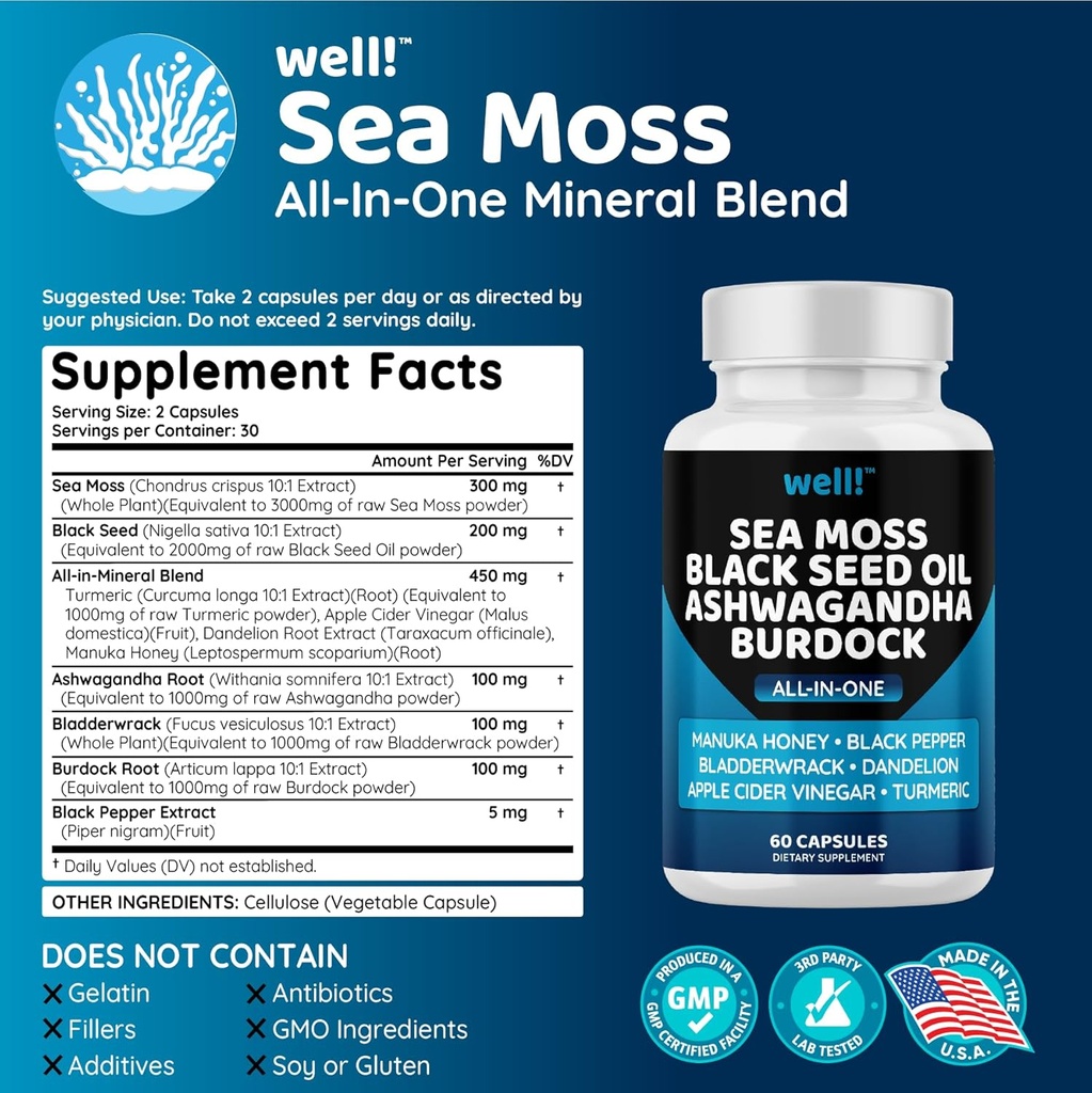 Sea Moss 3000, Black Seed Oil 2000, Ashwagandha 1000, Bladderwrack, Maca Turmeric - Manuka Honey, Dandelion & Black Pepper, Super Antioxidants Supplement,180