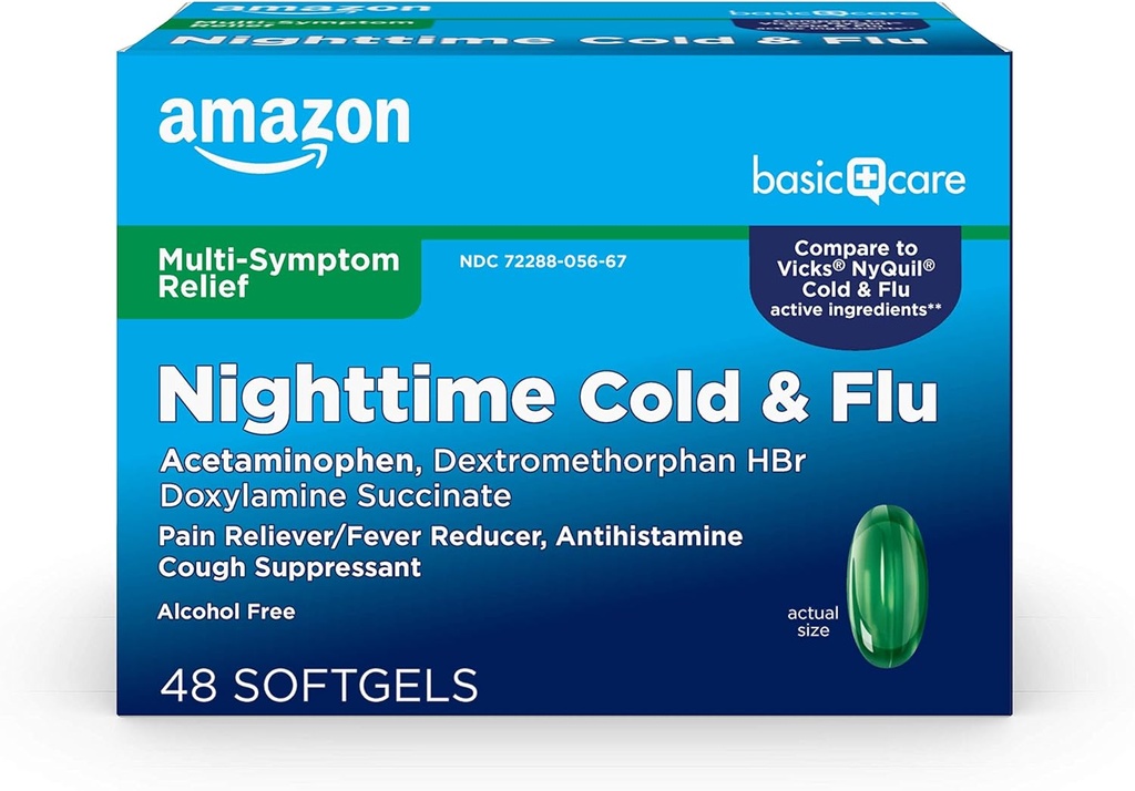 Amazon Basic Care Nighttime Cold and Flu Relief Softgels, 6 Hour Cold Medicine, Relieves Major Flu Symptoms So You Can Rest, 48 Count (Pack of 1)