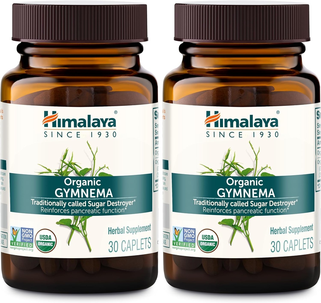 Himalaya Organic Gymnema Sylvestre – Herbal Glucose Metabolism Support - USDA Organic, Non-GMO, Vegan, Gluten Free, Additive Free, 700 mg, 30 Caplets (Pack of 2)