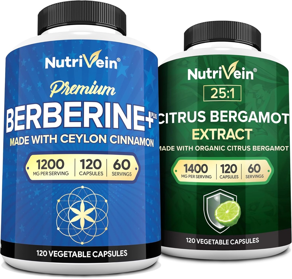Nutrivein Premium Berberine 1200mg & Citrus Bergamot Extract 1400mg Bundle - Ceylon Cinnamon & 25:1 Bergamia Extract - Weight Management & Immune Support Plus Heart Health - 120 Capsules Each