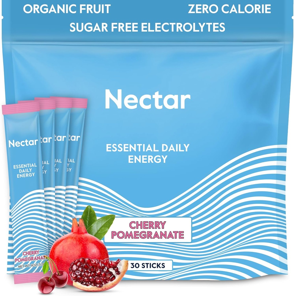 Nectar Energy Booster - Organic Caffeine, B12 & Electrolytes - Sugar Free & Zero Calorie – Healthy Coffee, Energy Drink & Soda Alternative – Hydration & Energy Supplement (Cherry Pomegranate 30 Pack)