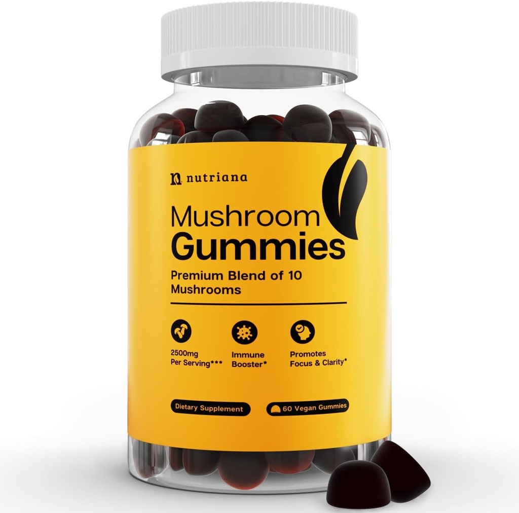 Nutriana Mushroom Gummies Supplement - Focus Gummies with Lions Mane, Shiitake, Turkey Tail, Chaga & Cordyceps - Brain Supplements for Memory and Focus - 60 Immune Support Gummies